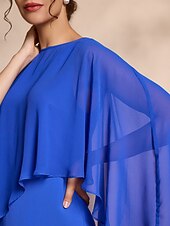 abordables Bodas y eventos-Vestido de gasa azul casual de 2 piezas con mangas redondas y corte midi para madre de la novia, vestido para impresionar 2024