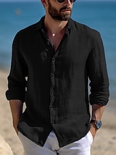 preiswerte Urlaub-Herren Hemd Leinenhemd Sommerhemd Strandbekleidung Freizeithemd Knopfhemd Einfach Urlaub Lässig Schwarz Weiß Rosa Blau Langarm Revers Frühling &amp; Sommer Bekleidung