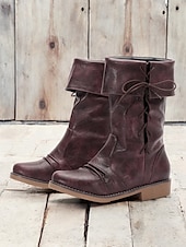 preiswerte Kampfstiefel-Burgunderrote, wandelbare Stiefel mit halbhoher Schafthöhe für Damen mit umklappbarem Schaft und Schnürdetail – vielseitiges Schuhwerk im Vintage-Stil für lässige und herbstliche Outfits
