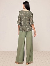 billige Blusedresser for kvinner-Dame Elegant Bluse Bukser med brede ben Halvlange ermer V-hals Blomstret Sløyfe Arbeidstøy Dagligdagstøy Grønn Sommer Løstsittende