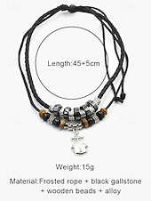 economico Gioielli da uomo-collana con ciondolo a forma di ancora multistrato da uomo - corda satinata, calcoli biliari neri, perline di legno e lega, lunghezza regolabile, stile nautico per abbigliamento casual e da spiaggia