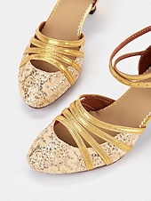 economico Scarpe per balli latini-scarpe da ballo latino da donna con brillantini dorati, lacci e cinturini incrociati - eleganti calzature da ballo da sala