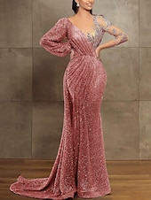 preiswerte GELB-Mermaid Pailletten Abendkleid Elegantes Kleid Formal Hof Zug Langarm Illusionskragen mit Falten Maskeradenkleid