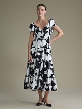 preiswerte Lässiges Kleid mit Aufdruck-Geblümtes Kleid aus Tencel-Mischung mit elastischem Bund und V-Ausschnitt