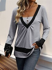 voordelige Dames eenvoudige tops-Dames Overhemd Blouse Effen Kleur Basic Casual Lange mouw V-hals Normale tops Dagelijks Lapwerk Knop Grijs Herfst Winter