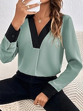 preiswerte Damen Einfache Oberteile-Damen Hemd modern Langarm Regular Tops Hemdkragen Arbeit schwarz weiß grün khaki Frühling Herbst Winter