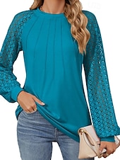 cheap Lace Tops-Women&#039;s White Elegant Lace Tops Eyelet Blouse Fashion Casual Lace Mesh Long Sleeve Regular Tops Crew Neck Daily Romantic Petite Tops Summer Holiday Wear Black White Pink Blue Summer Spring Fall