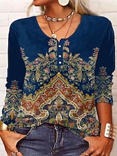 levne Boho tričko-Dámské Tričko Květinový Módní Dlouhý rukáv Kulatý Běžné topy Denní Víkend Knoflíky Tisk Černá Fialová Vodní modrá Trávová zelená Jaro &amp; podzim