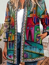 billiga casual jackor-Dam Jacka Vardag Fyrkantig hals Mönster Blommig Ledigt / vardag Vintage Lös passning Ytterkläder Långärmad Vår Havsblå S