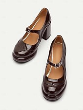 cheap 1950s-Women&#039;s Brown Patent Leather Mary Jane Block Heel Pumps with Brogue Detailing - Vintage-Inspired Dress Shoes for Office and Evening Wear