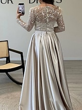 cheap CHAMPAGNE-Mermaid Sequin Evening Gown Ruched Champagne Satin Dress Long Sleeves Masquerade Floor Length Illusion Neck with Pearls Overskirt dress 2025