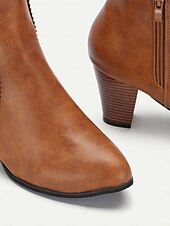 cheap Vintage Boots-Women&#039;s Brown Faux Leather Ankle Boots with Side Zipper and Block Heel - Vintage Style for Casual and Dressy Occasions