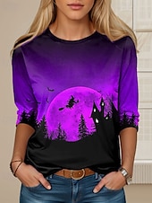 levne Halloweenské topy-Halloween dámské tričko čarodějnice s dlouhým rukávem kulatý výstřih dlouhá tunika tričko denní ležérní oranžová jaro podzim předpodzim