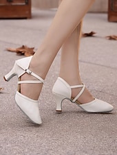 abordables Chaussures de danses latines-chaussures de danse en similicuir blanc avec bride croisée et boucle – talons de danse de salon et latine pour femmes