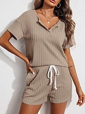 abordables Conjunto de pijama-Conjunto de pijama para mujer, color puro, informal, cómodo, para el hogar, uso diario, licra, cómodo, con escote en V, manga corta, pantalón, cintura elástica, conjuntos de verano para el hogar