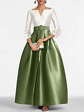 abordables VERT-Robe de soirée A-Line élégante noire longueur sol manches 3/4 col en V avec poches satin avec fente