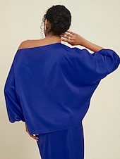 economico Women&#039;s Sets-Set di due pezzi per invitati al matrimonio in raso, collo slash floreale, maniche a Giulietta, gamba larga