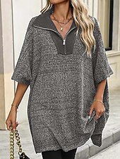 preiswerte Einfarbige Farben-Damen Pullover Brautkleider schlicht Feste Farbe Troyer Halber Reißverschluss Zip Halbe Ärmel Lange Oberteile Stricken Täglich Schwarz Beige Herbst Winter