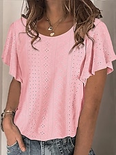 abordables Hauts en dentelle-Tops en dentelle élégants pour femmes Blouse en œillets blanche stylée décontractée unie à manches courtes à col crew régulières quotidienne romantiques tailles petites à porter pendant les vacances
