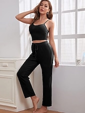 billige Nattøy for damer-kvinners loungewear sett 3 stykker ren farge tilfeldig komfort hjemme komfort stropper stropp topp bukselomme høst vinter hjemmeantrekk