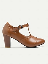 billige Pumps med blokkhæl-Dame Høye hæler Høyhælte Pen sko Mary Jane Store størrelser Avslappet Daglig Helfarge Ensfarget Spenne Tykk hæl Årgang Retro Rød Fritid Gange PU Lær PU T-stropp Svart Gul Rød