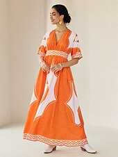 economico abito casual stampato-abito lungo da vacanza in stile bohémien con stampa geometrica e scollo a V