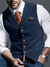  gilet da uomo in tweed, gilet, moda vintage, primavera e autunno, bottoni, misto lana, comodo, semplice, monopetto, scollo a V, vestibilità regolare, verde scuro, blu navy, grigio scuro, grigio chiaro.