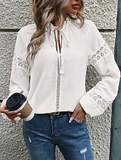 economico Top in Pizzo-Top in pizzo elegante bianco da donna blusa all&#039;uncinetto casual colore solido con lacci frontali maniche lunghe top regolari scollo a V abbigliamento quotidiano romantico top petite estivi per