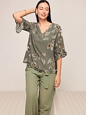 billige Blusedresser for kvinner-Dame Elegant Bluse Bukser med brede ben Halvlange ermer V-hals Blomstret Sløyfe Arbeidstøy Dagligdagstøy Grønn Sommer Løstsittende