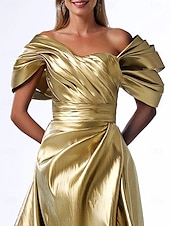 cheap YELLOW-A-Line Evening Gown Elegant Dress Formal Floor Length Short Sleeve Square Neck Pocket Satin with Pleats