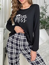 billiga Sovkläder till damer-kvinnors pyjamasset rutnät / rutig bokstav mode komfort hem daglig säng andas rund hals långärmad t-shirt t-shirt byxa resår midja höst vinter hem outfits