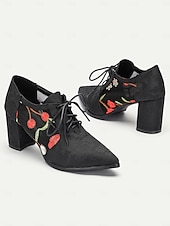 billige Block Heels-kvinners vintage-stil svarte blomsterbroderte blondehæler - perfekt for formelle arrangementer og kveldsklær
