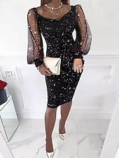 abordables robe noire midi-robe noire Robe unie Robe de cocktail noire Femme Robe mi-longue Maille Patchwork Plein Air Rendez-vous Décontractées Col en U manche longue Standard Noir S M L