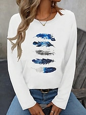 billiga Konst &amp; Design t-shirt-Dam T-shirt Fjäder Ledigt Långärmad Rund hals Vanliga toppar Dagligen Mönster Vit Vår Höst