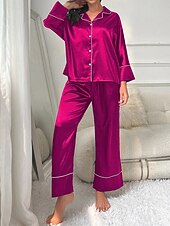 voordelige Nachtkleding voor dames-dames pyjama sets pure kleur mode comfort thuis dagelijks bed imitatie zijde zijde ademend revers lange mouw shirt broek knoop zak herfst thuis outfits