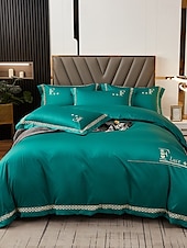 baratos Coleção de elite-Conjunto de cama com capa de edredom de 4 peças, 100% algodão orgânico, tecido macio e respirável, inclui capa de edredom e fronhas para um sono confortável