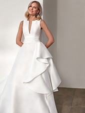 economico Abiti da sposa-Abiti da sposa Abito A-Line V Collo Senza Maniche Lunghezza della Gamba Intera Satin Abiti da Sposa con Applique Colore Solido 2025