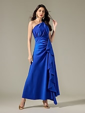 baratos vestido de festa-vestido longo azul cetim sem mangas com babados e um ombro só