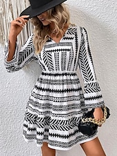 economico Abiti casual floreali-abito midi da donna con stampa geometrica e scollo a V, manica a 3/4, primavera autunno
