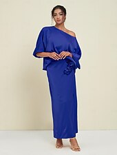 economico Women&#039;s Sets-Set di due pezzi per invitati al matrimonio in raso, collo slash floreale, maniche a Giulietta, gamba larga