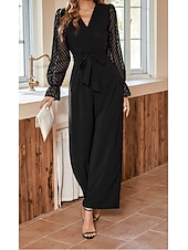 abordables Robe noire-Femme Normal Combinaison Elégant Couleur unie manche longue Ample Col V Maille Patchwork Bureau Travail Mince Noir Automne