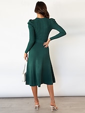 preiswerte Strickkleider-Damen Pullover Kleid Modisch elegante kleider Feste Farbe Gerippt Rundhalsausschnitt Strick Langarm Normale Oberteile Stricken Arbeit Täglich Schwarz Grün Herbst Winter
