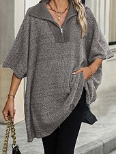 preiswerte Einfarbige Farben-Damen Pullover Brautkleider schlicht Feste Farbe Troyer Halber Reißverschluss Zip Halbe Ärmel Lange Oberteile Stricken Täglich Schwarz Beige Herbst Winter