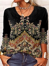 levne Boho tričko-Dámské Tričko Květinový Módní Dlouhý rukáv Kulatý Běžné topy Denní Víkend Knoflíky Tisk Černá Fialová Vodní modrá Trávová zelená Jaro &amp; podzim