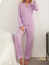 preiswerte Damen Schlafanzüge-Damen-Pyjama-Sets in reiner Farbe, modisch, Basic-Komfort für zu Hause, tägliches Bett, atmungsaktives Revers, langärmeliges Hemd, Hose, Knopftasche, Herbst-Winter-Home-Outfits