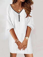 cheap Jumper Dresses-Women&#039;s Plain Dress Mini Dress Zipper Vintage Casual V Neck Long Sleeve Black White Pink Color