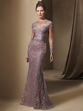 economico BLU-Abito da festa sirena Madre della Sposa Abito Ospite di matrimonio Elegante Collo gioiello Treno a strascico  spazzola Stretch raso Manica lunga con pizzo paillettes arricciato per impressionare 2025