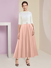 economico Mom&#039;s Dress Sets-Beach Wedding A-Line Mother of the Bride Dress Wedding Guest Elegant Vintage Jewel Neck Tea Length Charmeuse Half Sleeve with Pleats Crystals free custom size