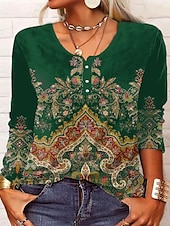 levne Boho tričko-Dámské Tričko Květinový Módní Dlouhý rukáv Kulatý Běžné topy Denní Víkend Knoflíky Tisk Černá Fialová Vodní modrá Trávová zelená Jaro &amp; podzim