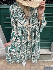 levne Boho šaty-Dámské Maxi šaty Boho šaty Elegantní stylové Dovolená Denní Běžný Grafika Dlouhý rukáv Košilový límec Rubínově červená Vodní modrá Trávová zelená Léto Jaro Podzim